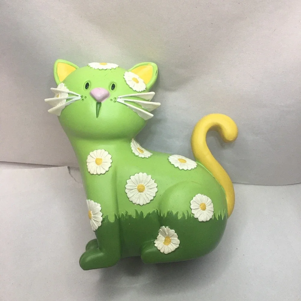 Daisy Green & Yellow Cat Coin Bank With Stopper Flowers Cute Hard Plastic